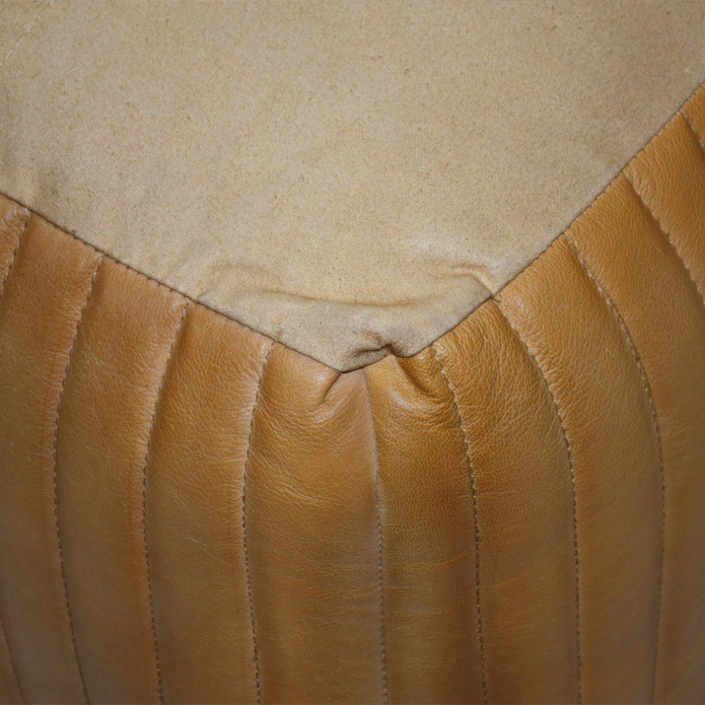Poufs-Solid Handmade Goat Leather Pouf, Recycled Cotton Fill, Beige, 14x14x14 Square.
