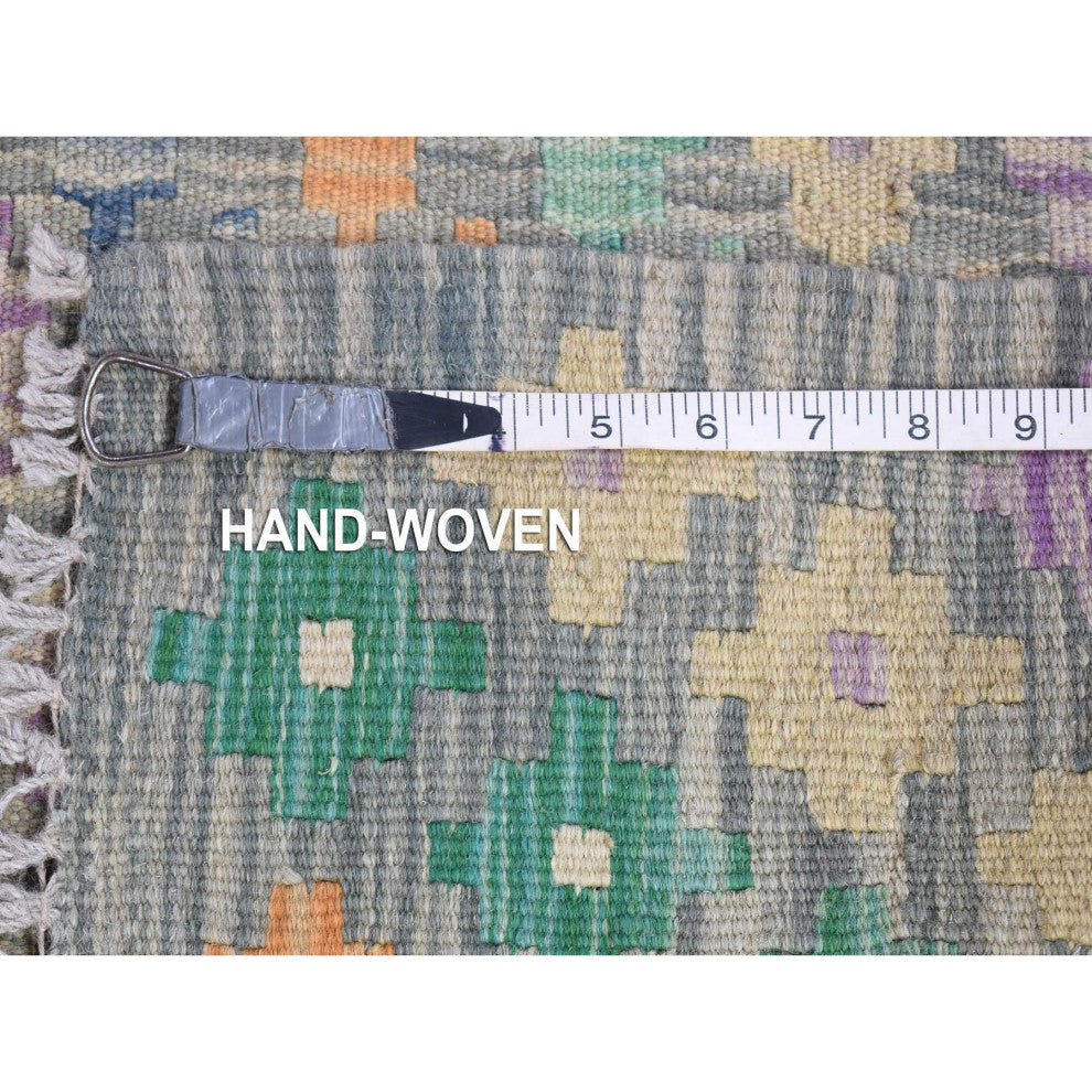 Gray Afghan Kilim with Geometric Design Pure Wool Hand Knotted Rug 10'3" x 13'5"