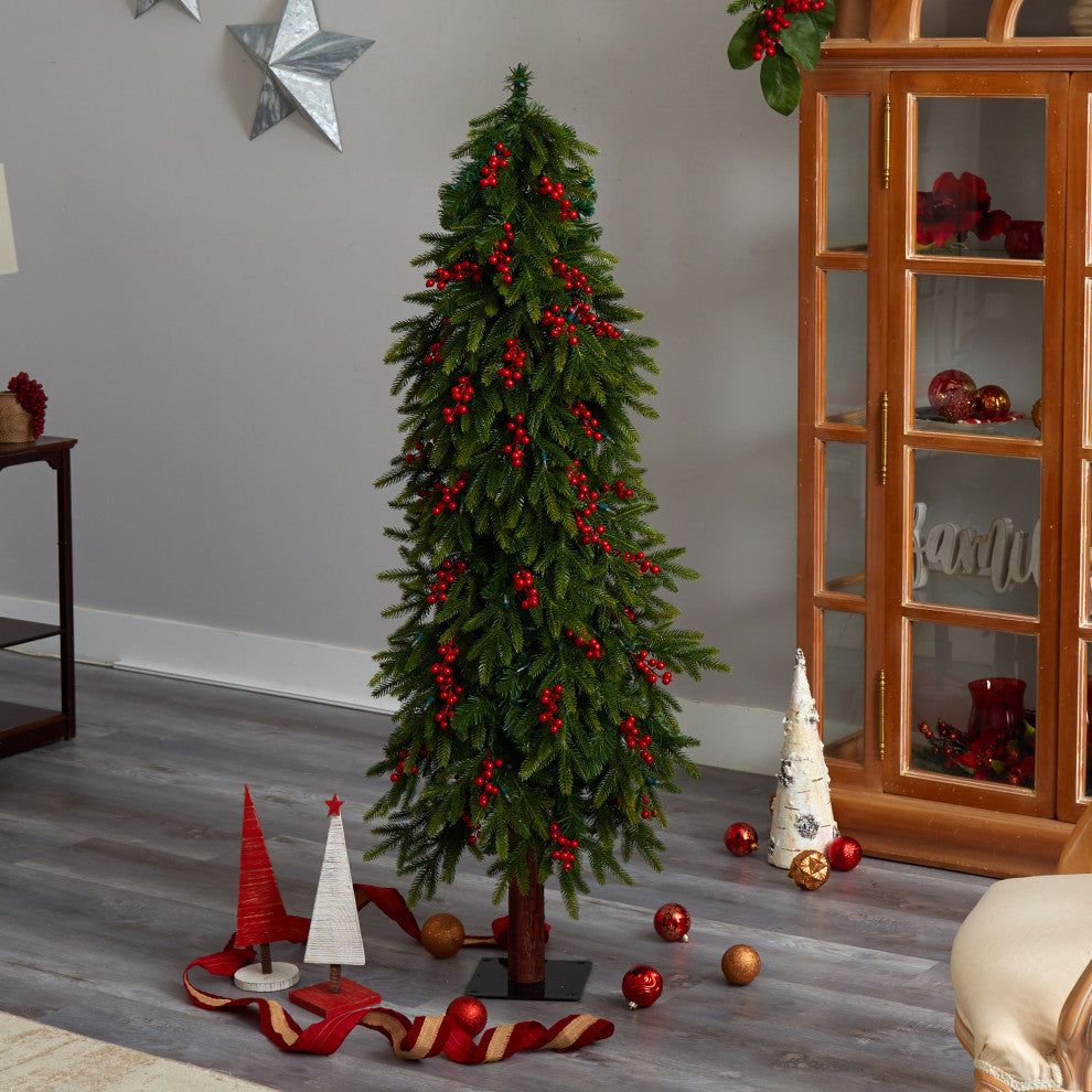 5' Victoria Fir Faux Xmas Tree W/200 Multi-Color, Multifunction Lights, Berries