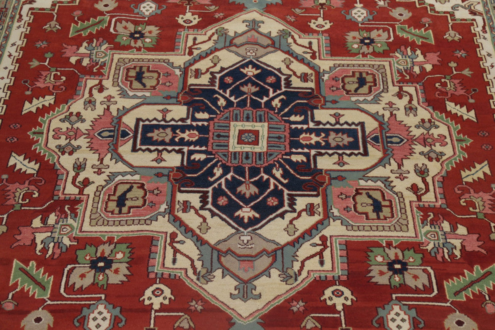 Oriental Traditional Carpet Handmade Heriz Indian Area Rug, Red, 17'6"x11'10
