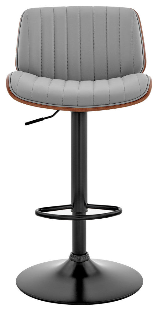 Adjustable Gray Faux Leather Black Steel and Walnut Bar Stool