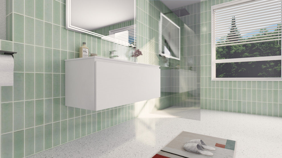AIPO Wall-Mount Vanity Set With LED Mirror, Faucet, Drain, Matte White, 48" Sing