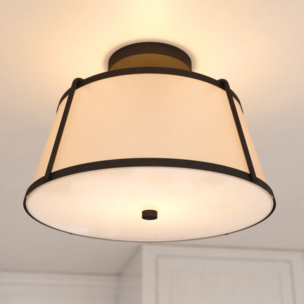 Marion 2-Light Gold Mid-Century Modern Drum Semi Flush Mount Ceiling Fixture, Matte Black