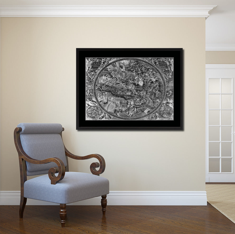 Christian Celestial Hemisphere Monochrome Map On Canvas With Frame, 28" X 37"