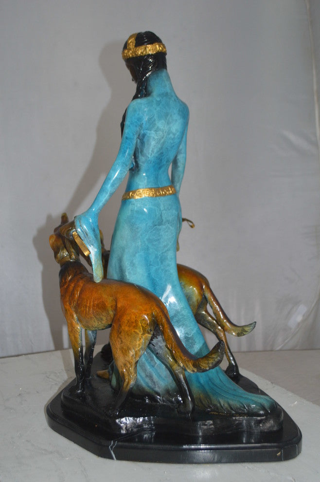 Lady with Her Two Dogs Bronze Statue -  Size: 18"L x 12"W x 23"H.