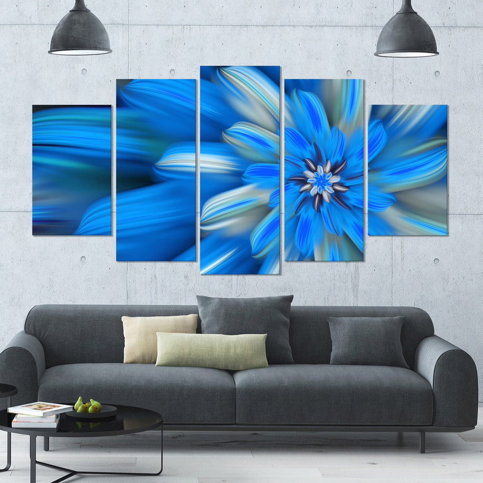 Exotic Dance of Blue Flower Petals, Floral Canvas Art Print, 60"x32", 5 Panels