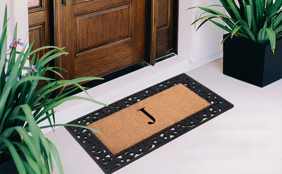 A1HC Rubber & Coir Floral Outdoor Durable Monogram Doormat 18"x30", Black, J