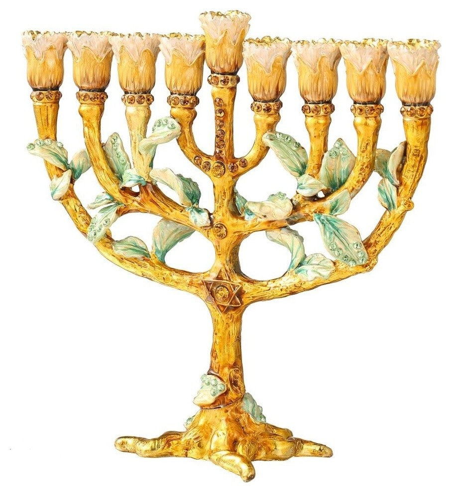 Hand Painted Enamel Menorah Candelabra with a Tree and Flower Buds Design
