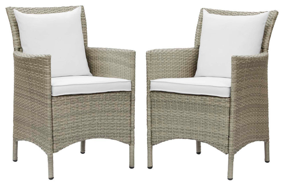 Side Dining Chair Armchair, Set of 2, Rattan, Wicker, Gray White, Outdoor