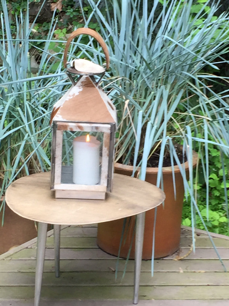 SAFARI Cowhide Lantern, Silver Metal with Cowhide Accents