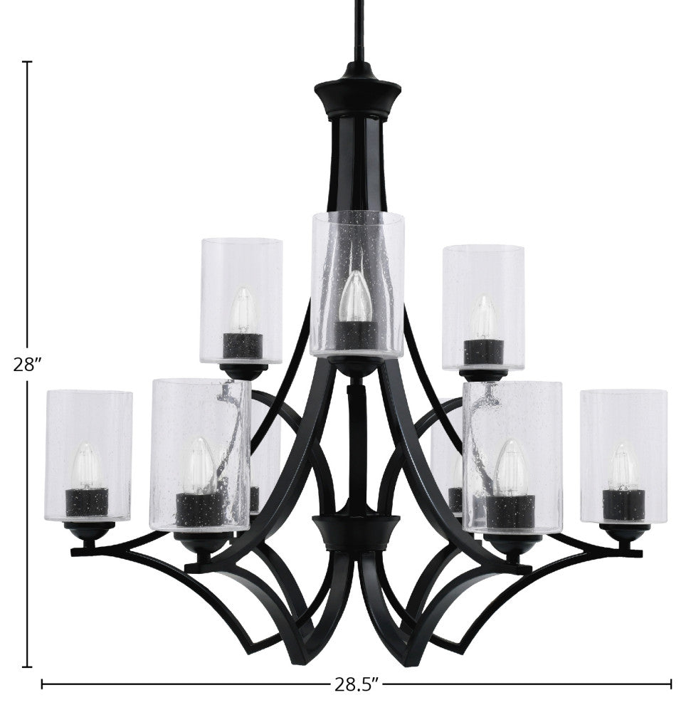Zilo, 9 Light, Chandelier, Matte Black Finish With 4" Clear Bubble Glass