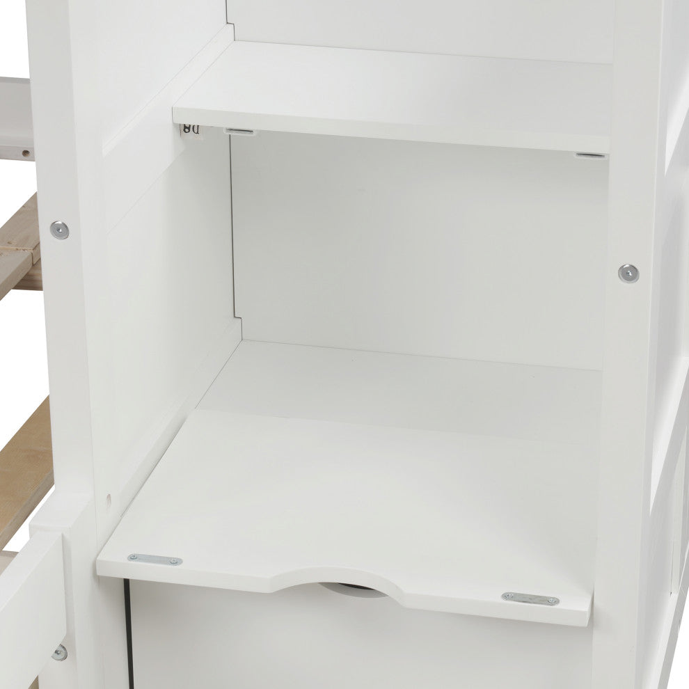 Twin over Full/Twin Bunk Bed, Convertible Bottom Bed, Storage Shelves, White