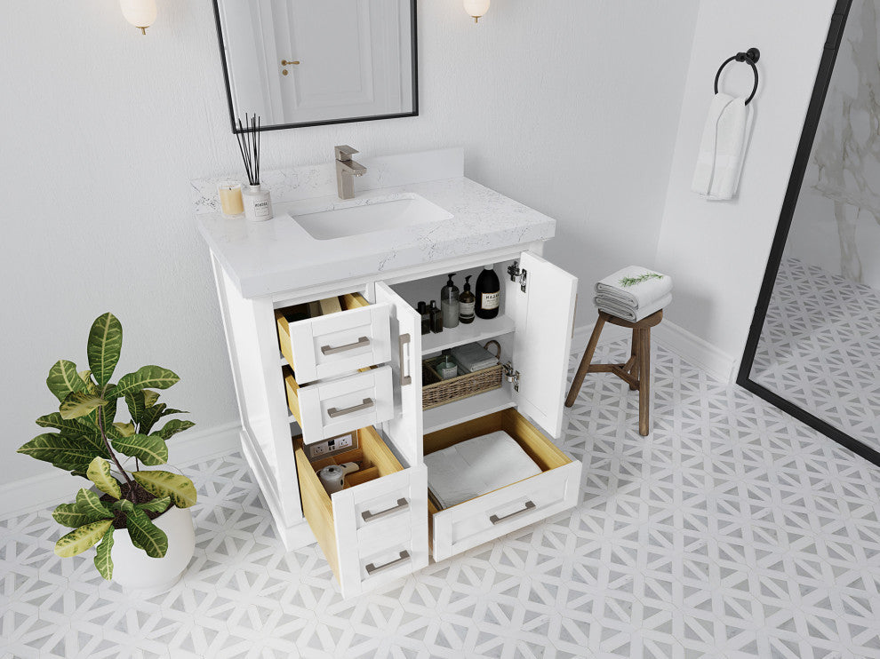 Boston 36 Center Sink Bath Vanity in White 1.5" White Quartz