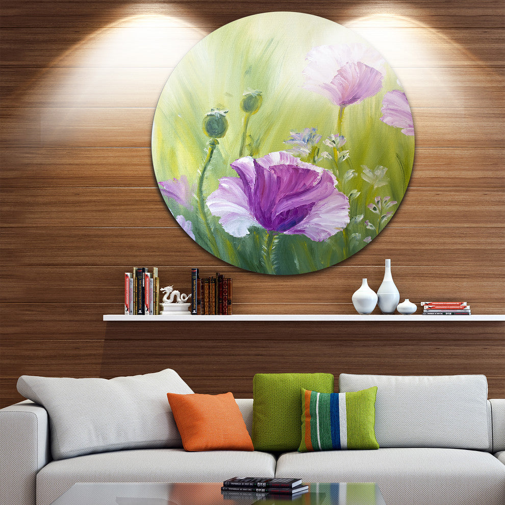 Purple Poppies In Morning, Floral Round Wall Art, 36"