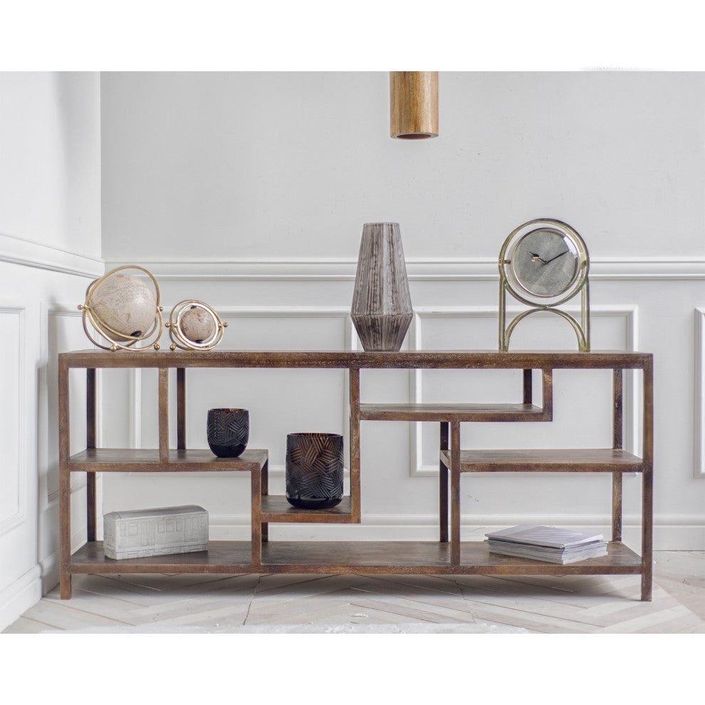 Wright I Medium Brown Solid Wood Multi-Level Shelf Console Table