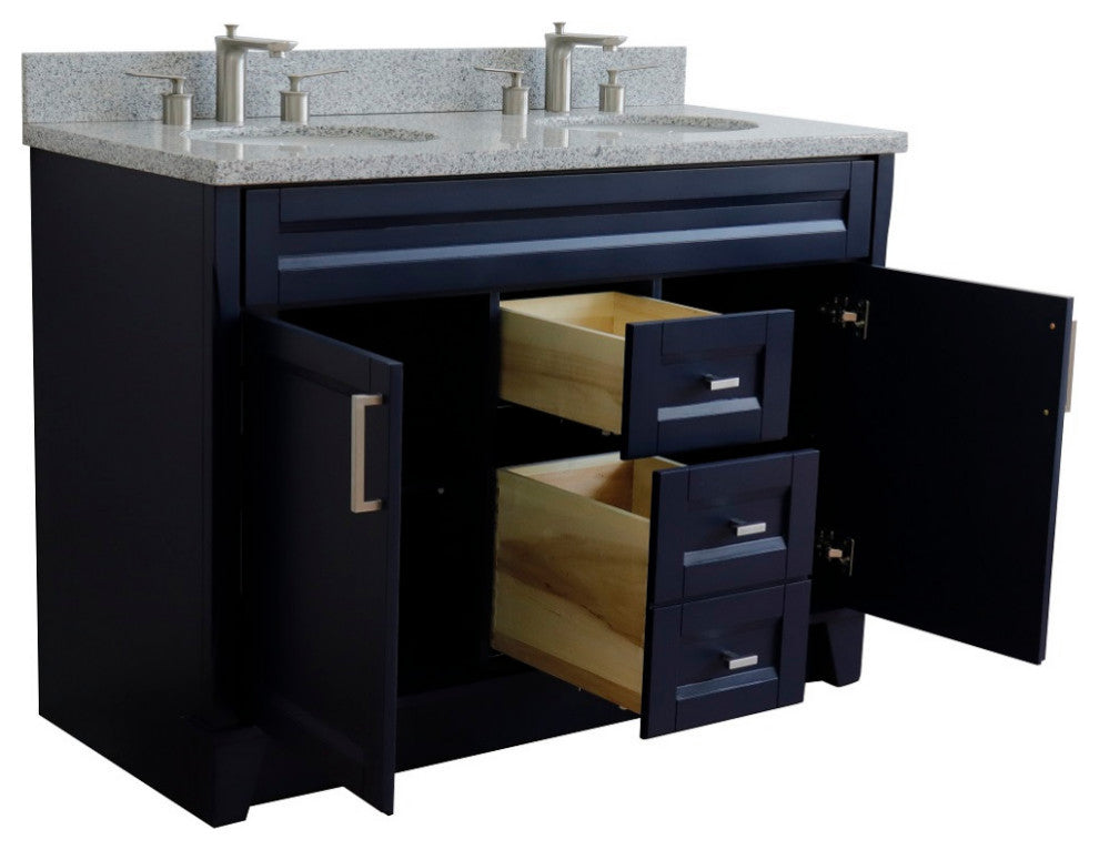 48" Double Sink Vanity, Blue Finish With Gray Granite And Oval Sink