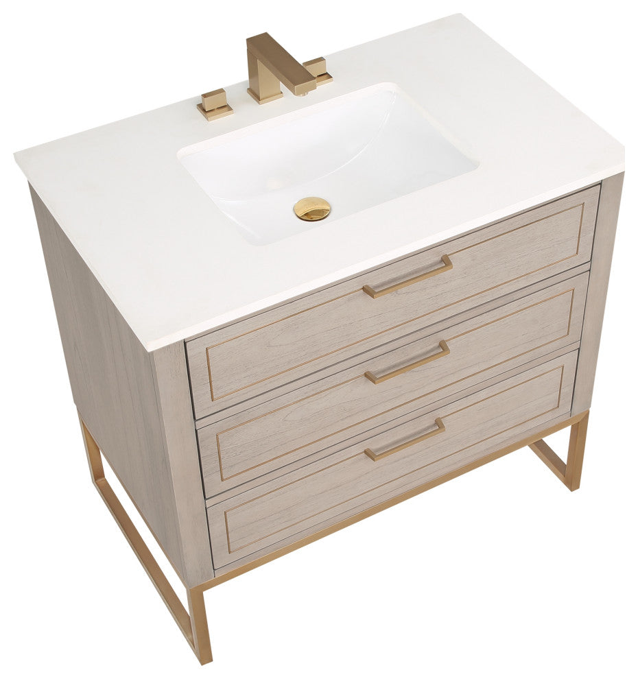 Markham 36" Single Bath Vanity Set, Cashmere Gray/Satin Brass, Quartz Countertop