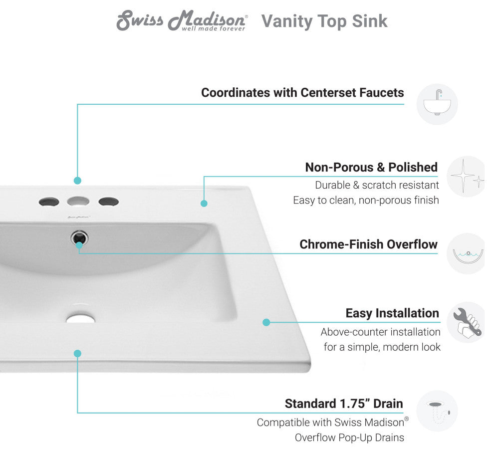 Swiss Madison Ceramic Vanity Top 24 With Three Faucet Holes