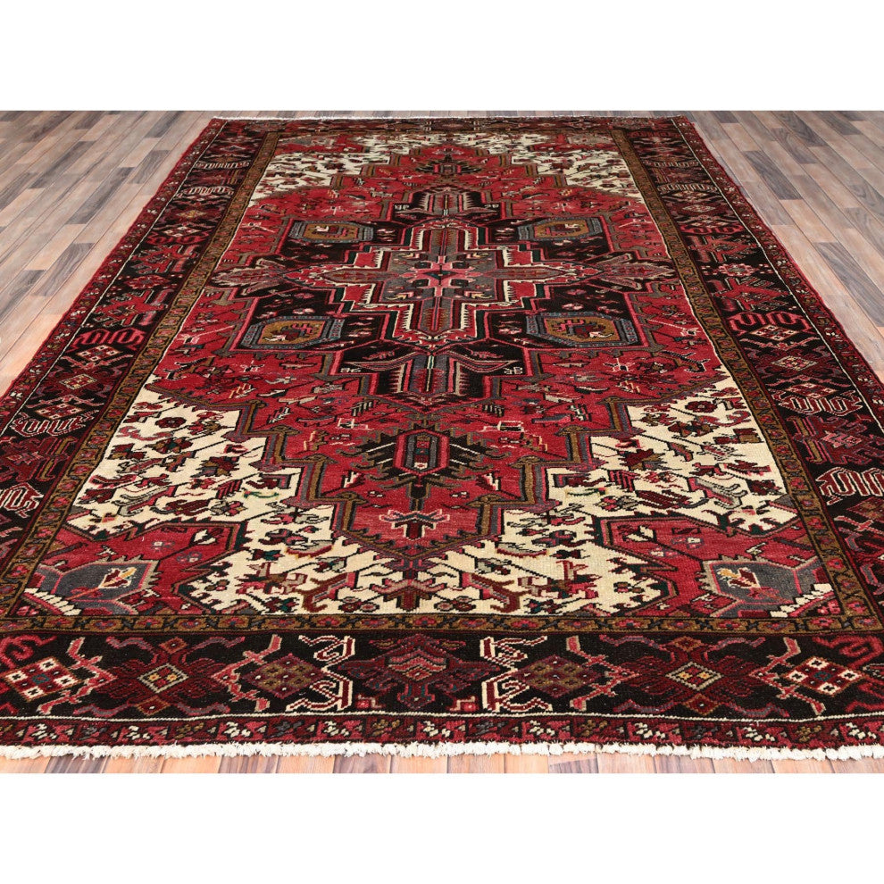 Imperial Red Pure Wool Hand Knotted Semi Antique Persian Heriz Rug 7'10"x11'5"