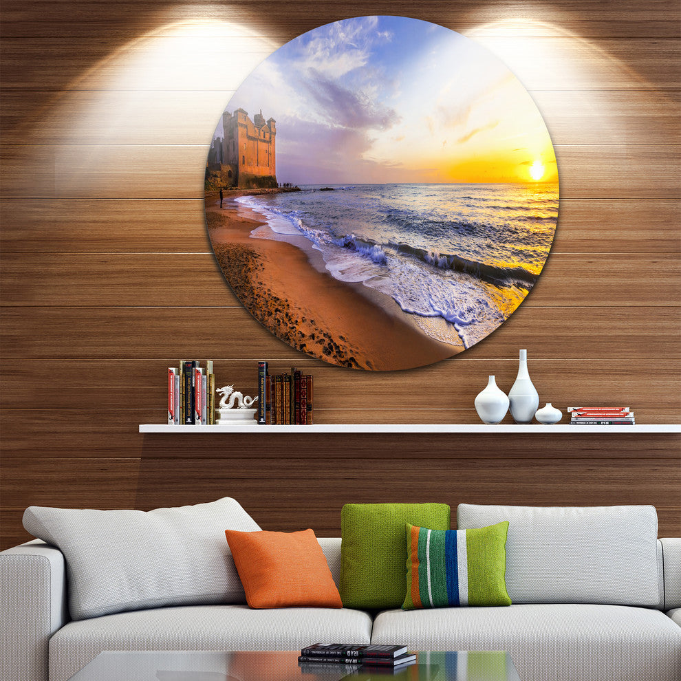 Castle Santa Severa Over Sunset Italy, Seascape Disc Metal Artwork, 11"