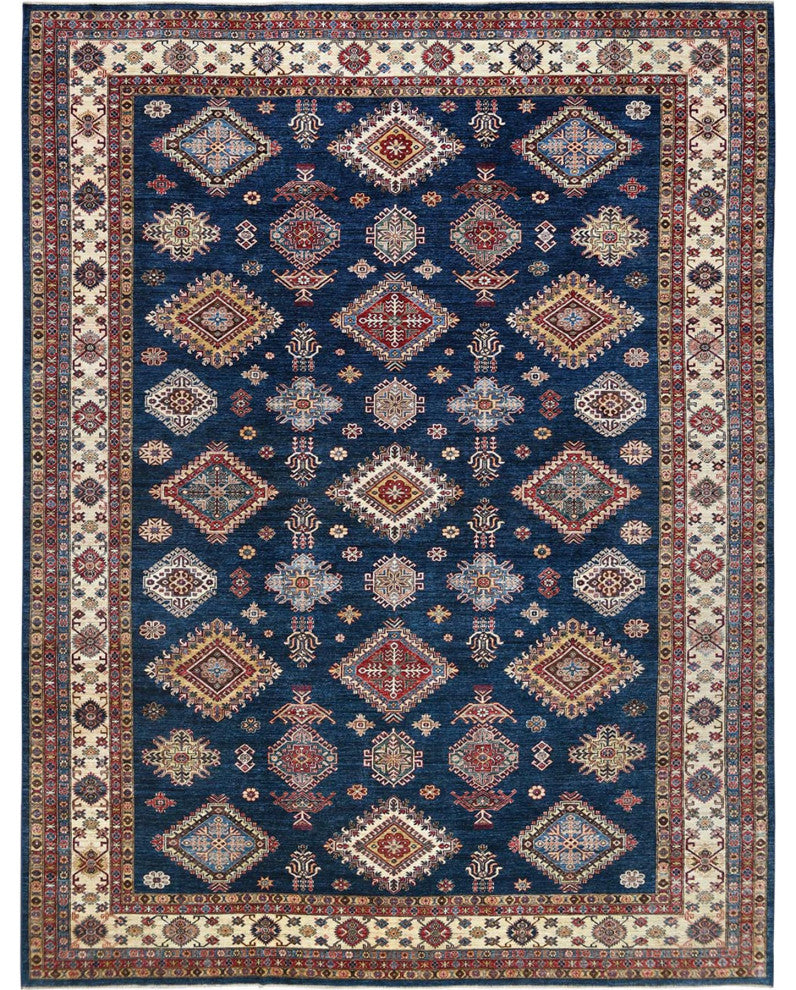 Blue, Afghan Super Kazak, Wool, Hand Knotted, Rectangle Rug, 12'x15'9"
