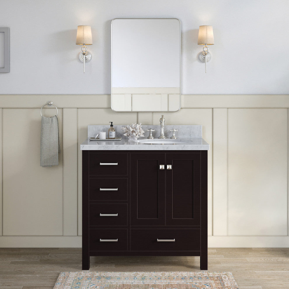 Cambridge 37" Bath Vanity With Marble Top, Carrara White/White Basin