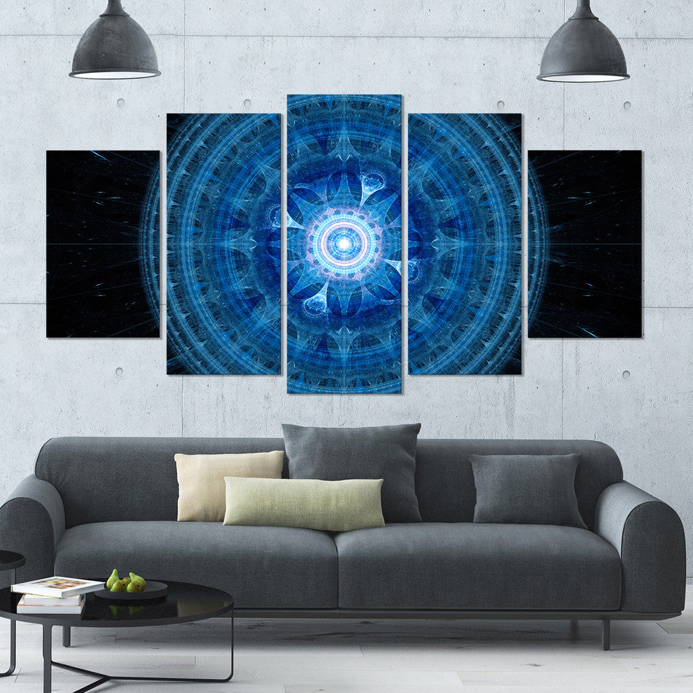 Bright Blue Fractal Sphere, Contemporary Wall Art Canvas, 60"x32", 5 Panels
