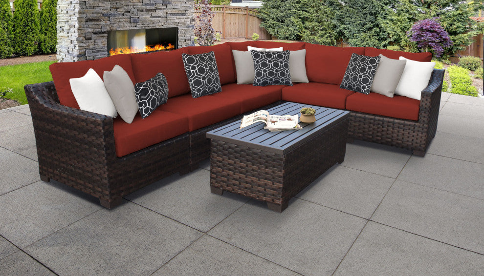 kathy ireland River Brook 7 Piece Wicker Patio Furniture Set, Cinnamon