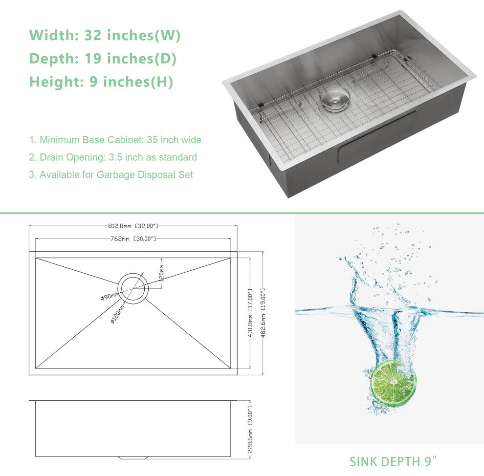 32" Undermount T-304 Single Bowl Handmade Stainless Steel Kitchen Sink