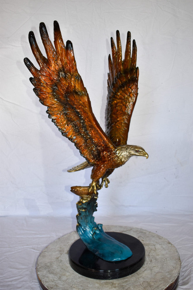 Eagle In Action Catching a Fish from Water Bronze Statue Size: 18" x 17" x 37"