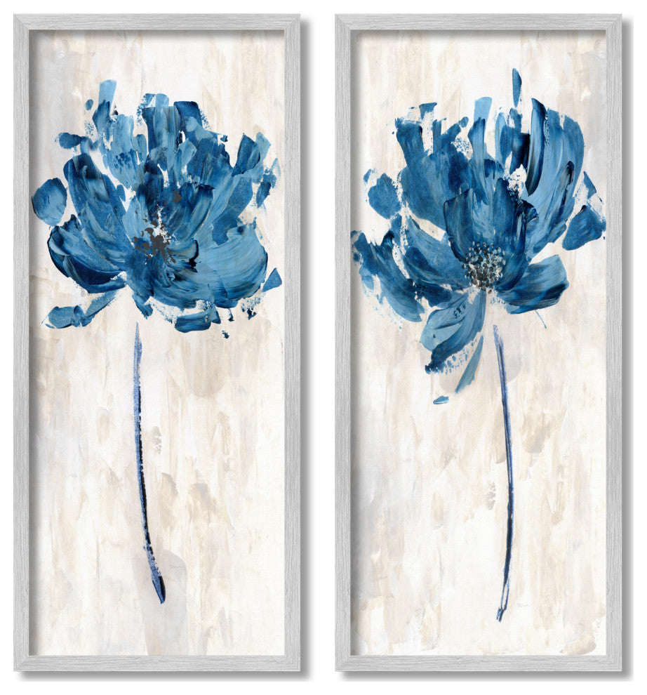 Vivid Blue Abstract Flowers Rustic Florals Neutral Beige,10 x 24