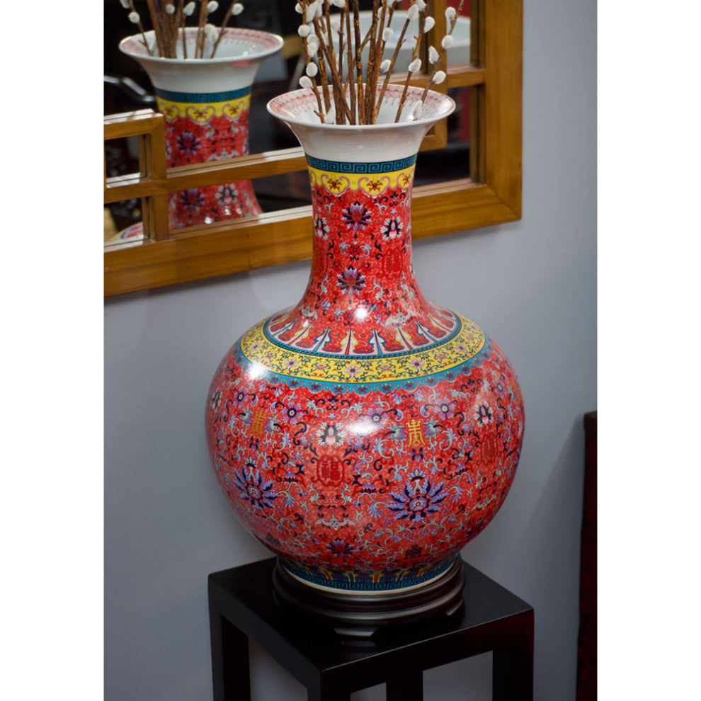 Imperial Red Chinese Porcelain Temple Vase, With Stand