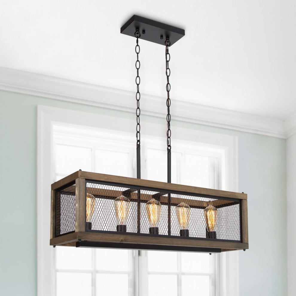 LNC Farmhouse 5-Light Kitchen Island Chandelier With Natural Wood