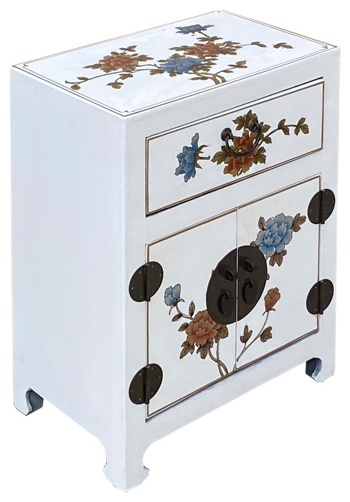 Chinese Off White Vinyl Moon Face Flower End Table Nightstand Hcs7130