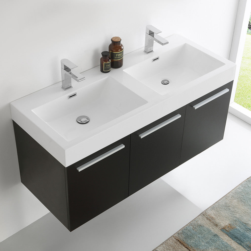 Vista 48" Black Wall Hung Double Sink Modern Bathroom Cabinet w/ Integrated Sink
