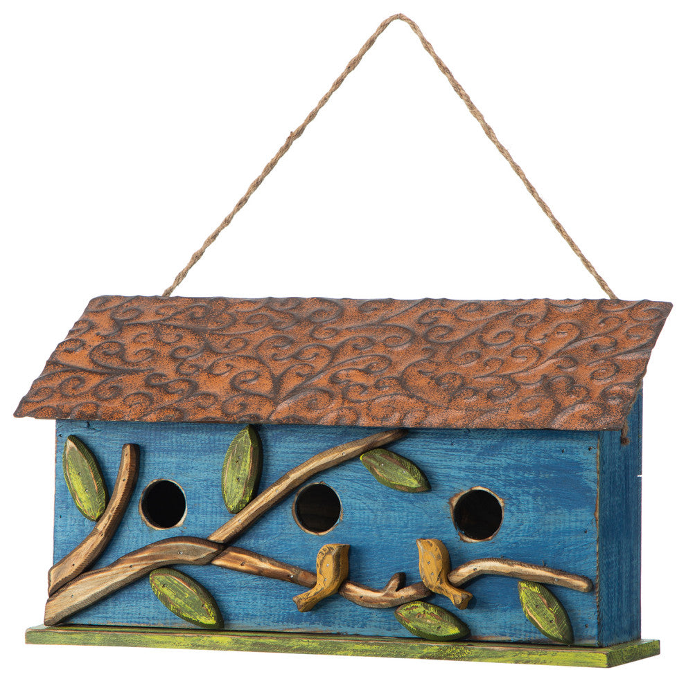 15.75"L Oversized Washed Blue Distressed Solid Wood Cottage Birdhouse