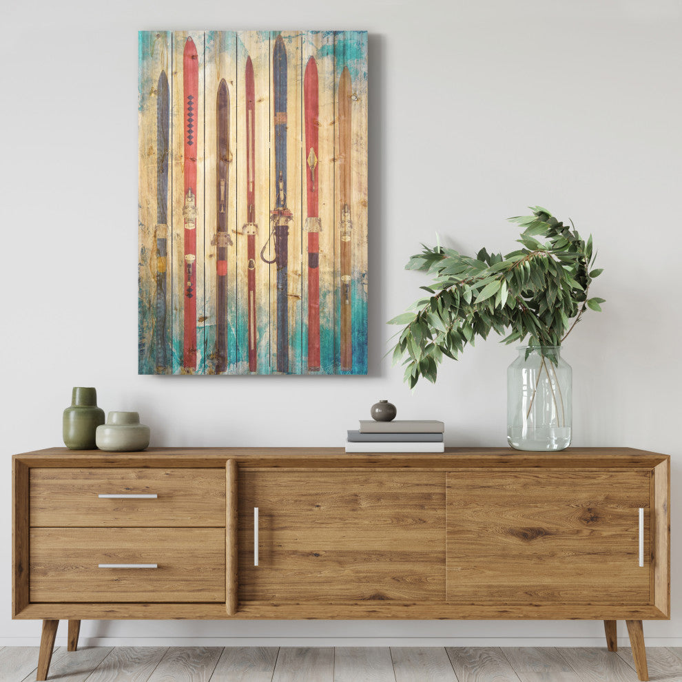"Retro Skis" Colorful Wall Art Digital Print on Solid Wood, 36"x24"