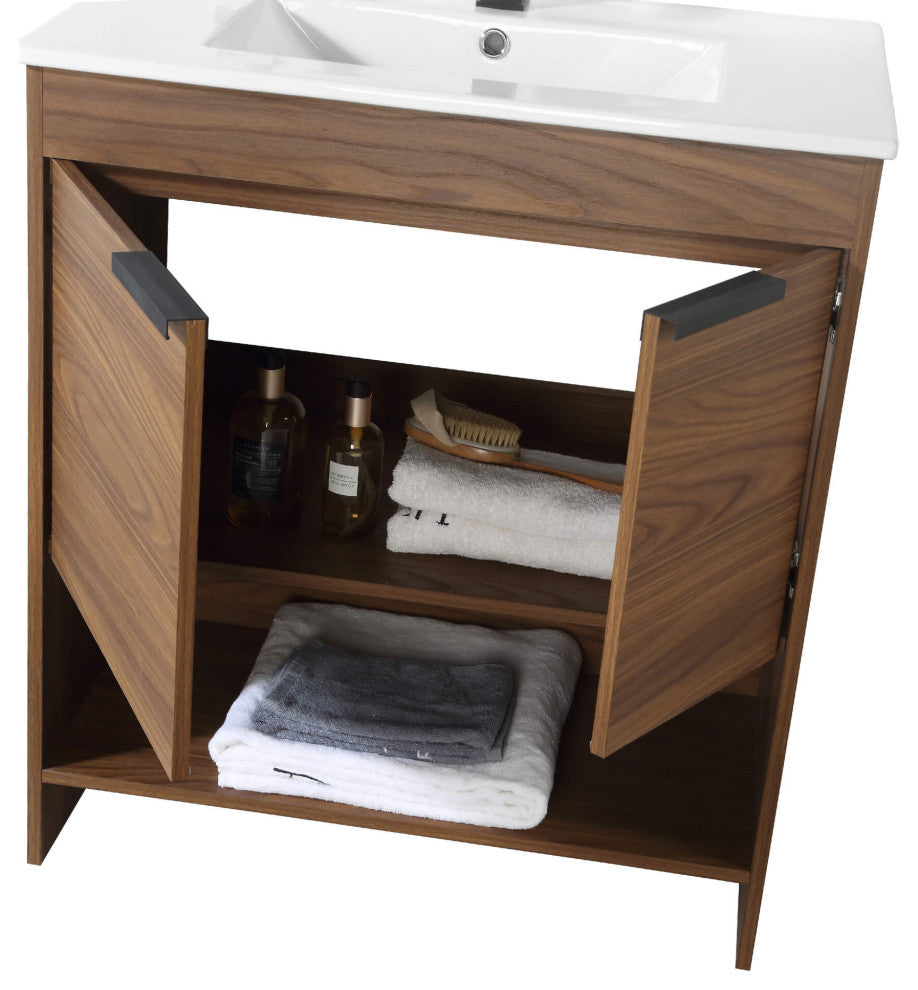 Phoenix Bath Vanity With Ceramic Sink - Full Assembly Required, Walnut, 30 Inch