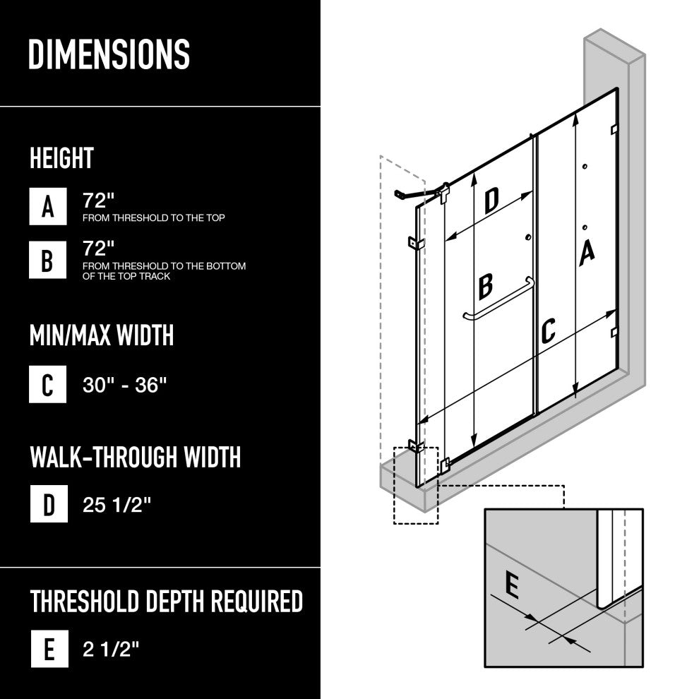 VIGO Pirouette 30" to 36" W x 72" H Frameless Pivot Shower Door, Brushed Nickel, Clear Glass