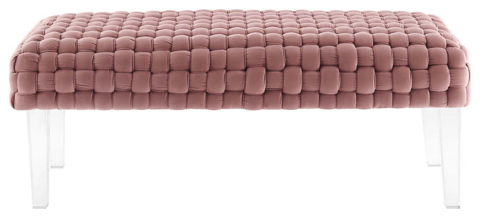 Ottoman Bench, Pink, Velvet, Modern, Mid Century Hotel Lounge Cafe