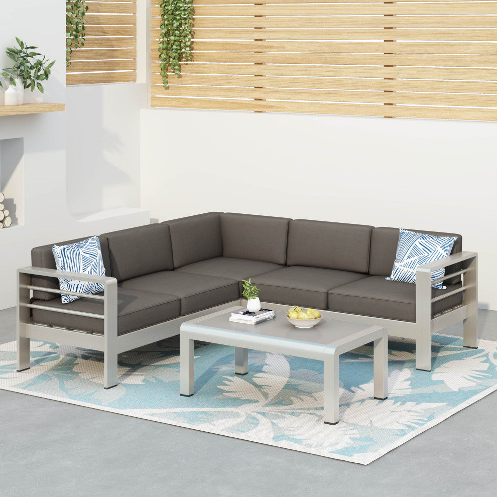 Crested Bay Outdoor Aluminum 5 Seater Sectional Sofa Set with Sunbrella Cushions, Silver/Gray