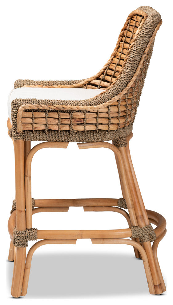 Kyle Modern Bohemian Natural Brown Woven Rattan Counter Stool with Cushion
