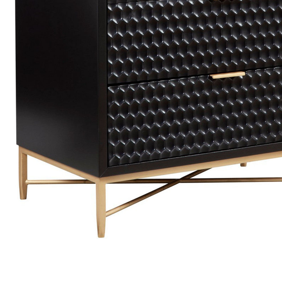 Benzara BM284294 5 Drawer Tall Dresser Chest, Honeycomb Panels, Black, Gold