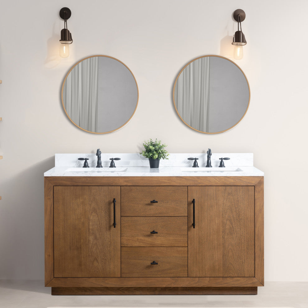 Vanity Art Bathroom Vanity With Sink, Tan, 60" Double, Arabescato White Engineered Marble Top