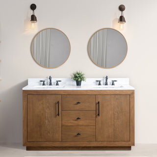 Vanity Art Bathroom Vanity With Sink, Tan, 60" Double, Arabescato White Engineered Marble Top