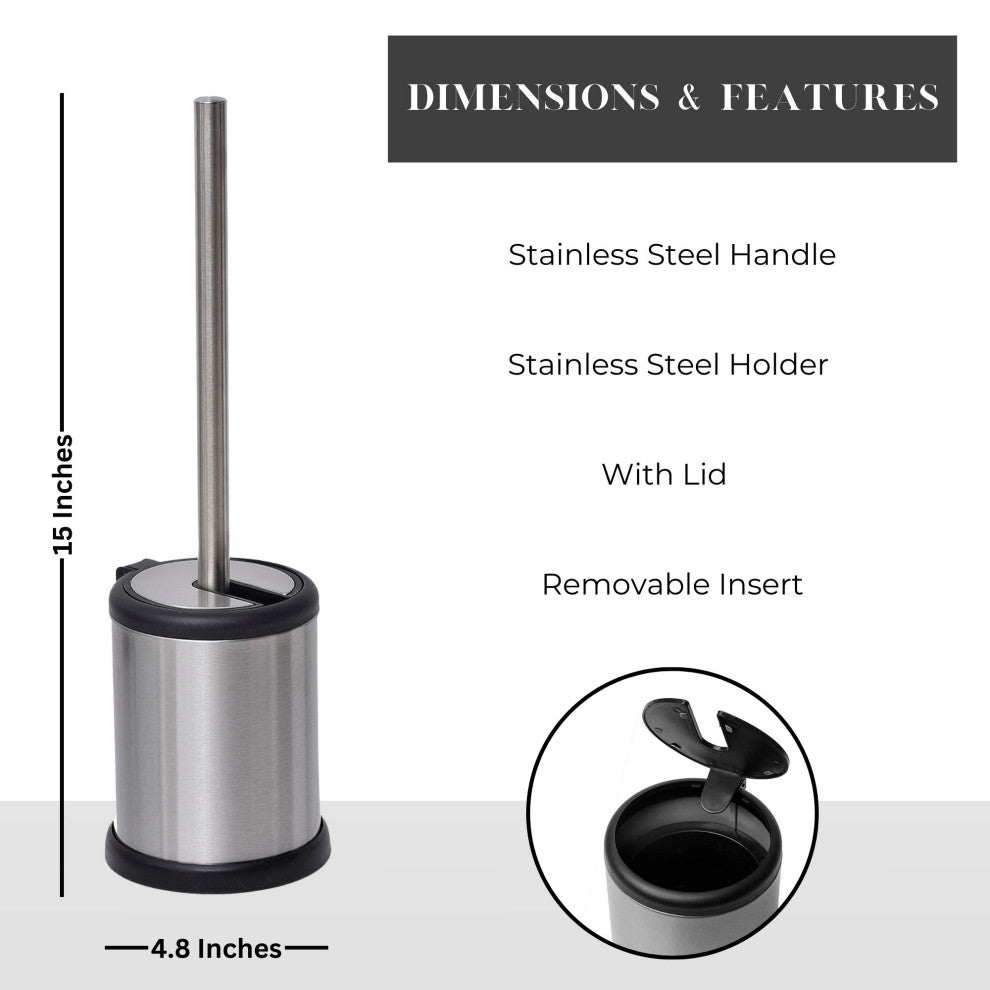 Toilet Brush Set with Stainless Steel Handle, Folding Lid and Removable Insert, Chrome
