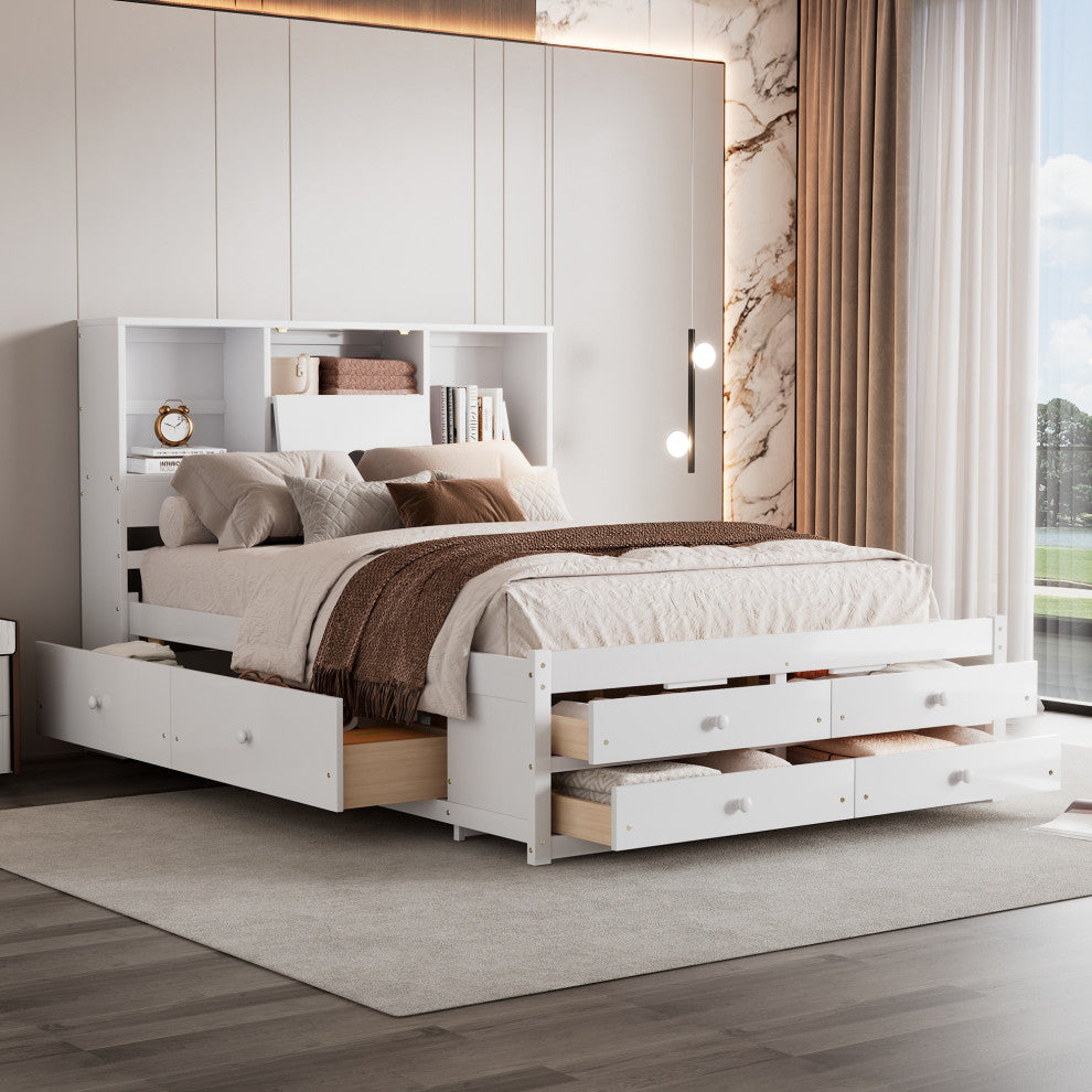 Gewnee win Size Wood Platform Bed with House-shaped Headboard in White