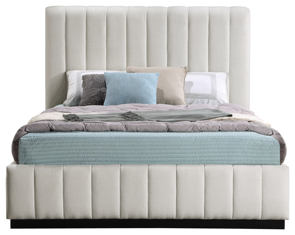 Lucia Beige Linen Textured Fabric Full Bed, Beige, Full, Black Finish