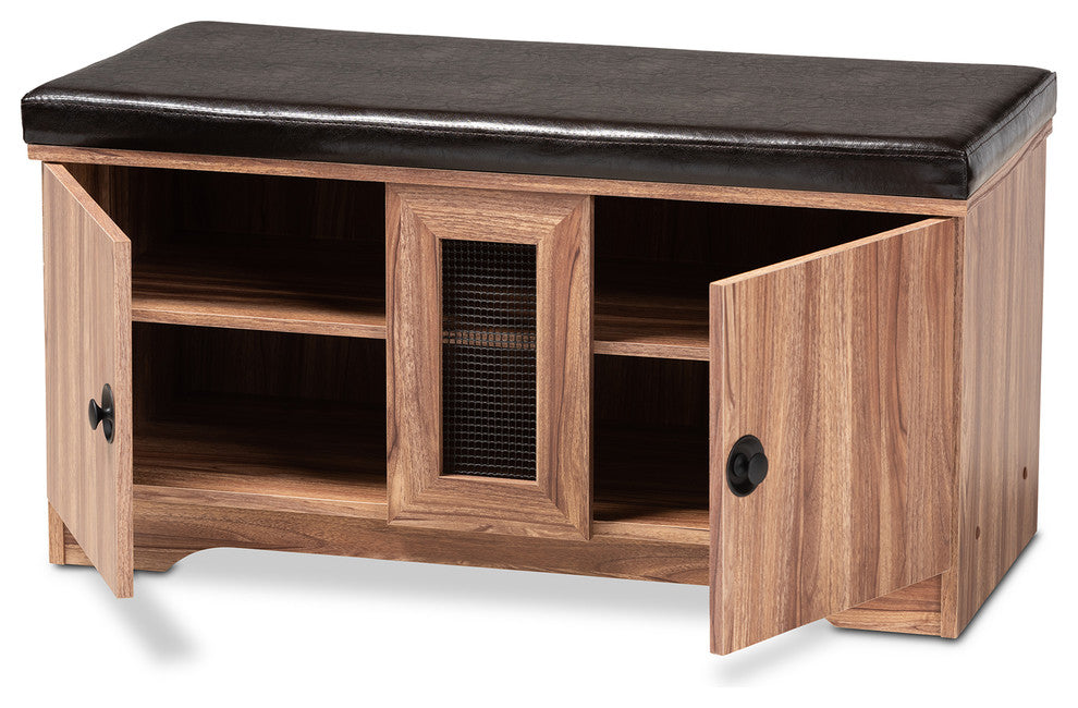 Valina Dark Brown Faux Leather Upholstered 2-Door Wood Shoe Storage Bench