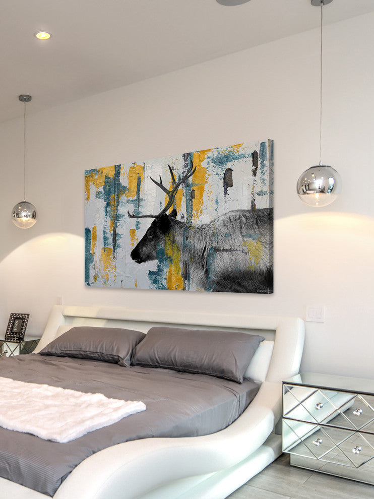 "Teal Yellow Reindeer" Painting Print on Wrapped Canvas, 18"x12"